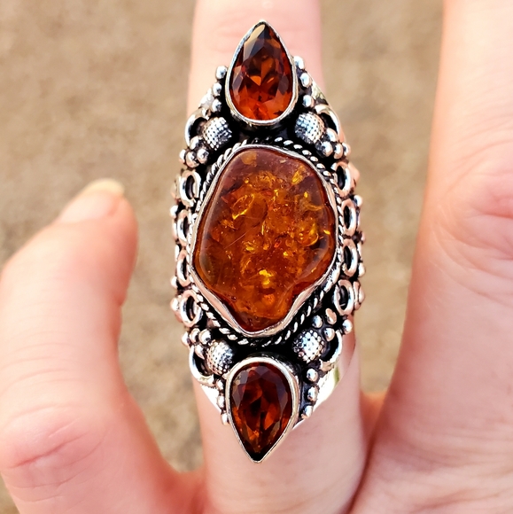 New Baltic Amber & Citrine 925 Silver Statement Ring. - Picture 8 of 13